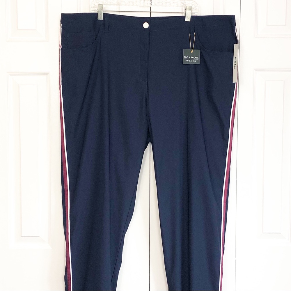 NWT Zac & Rachel Navy Blue Racing Stripe Slim Leg Pants 24W